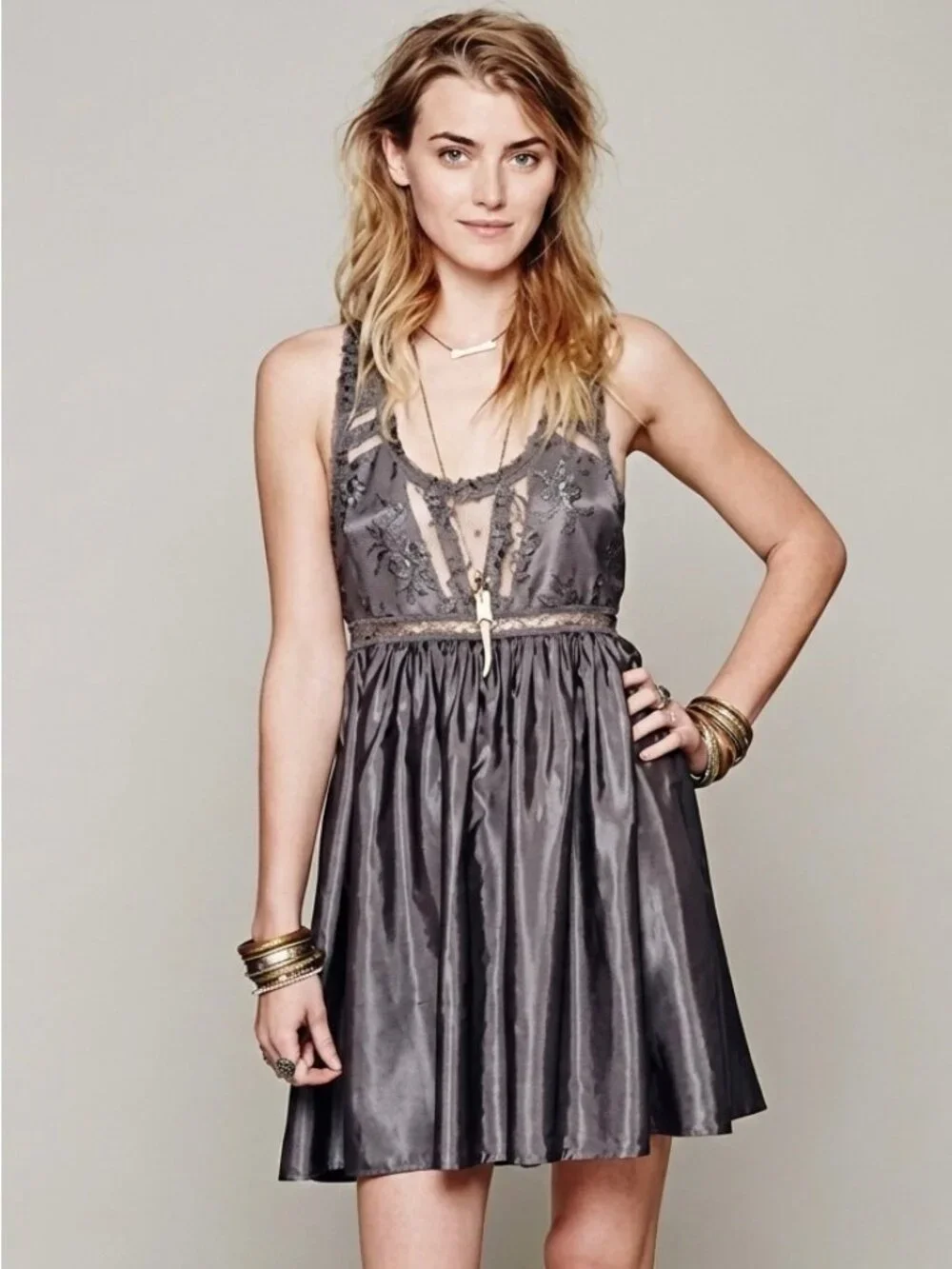 NWOT Free People Gray Satin Lace Dress| Whimsigoth Grunge Fairycore Indie Sleaze